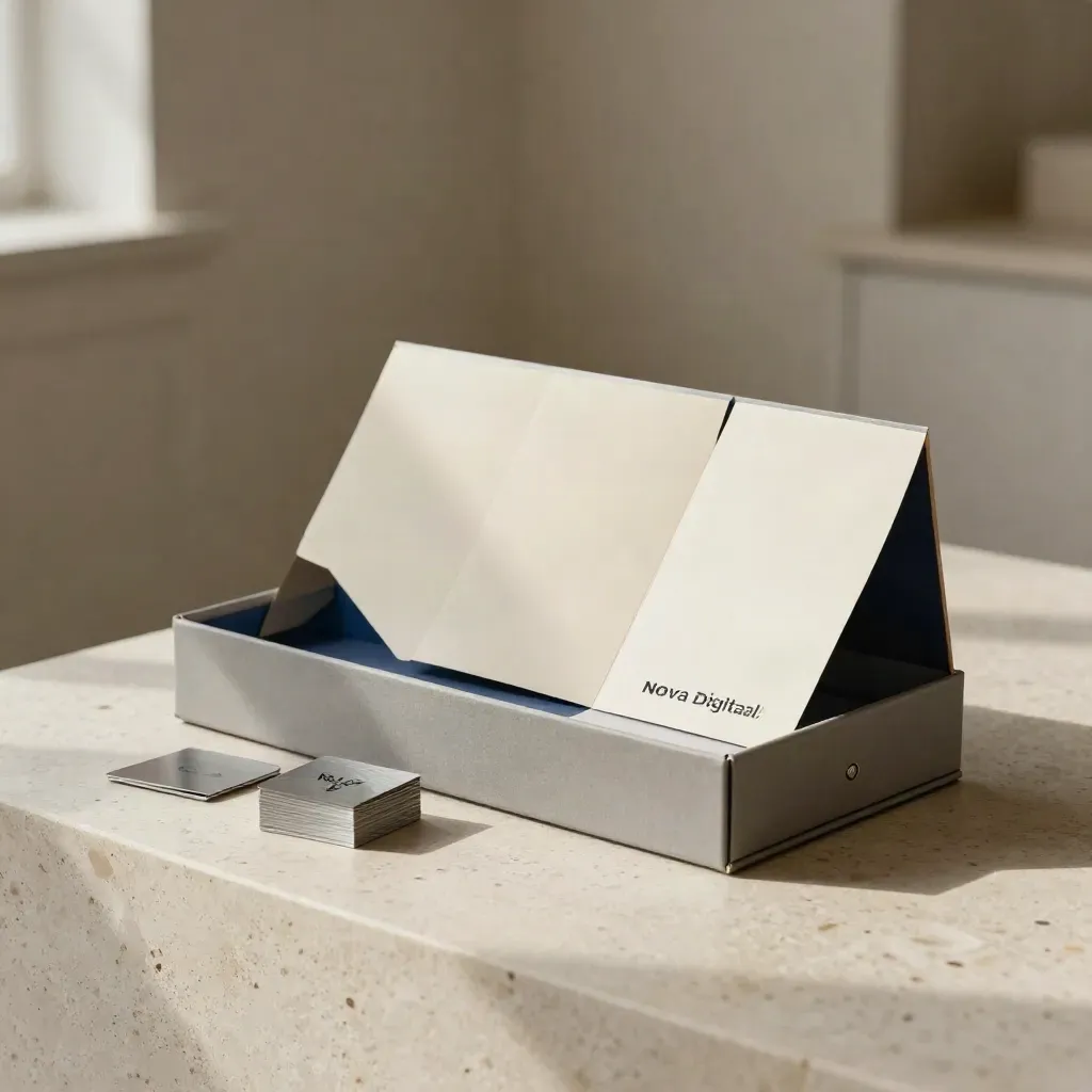 Open presentatiebox met inserts, logo-tegel en kleurstalen op travertin.