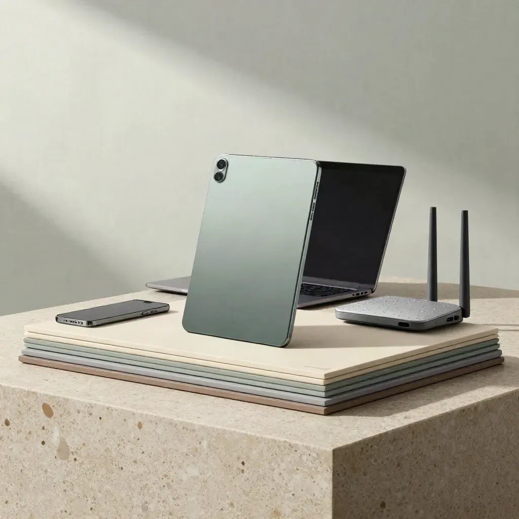 Website-startkit met tablet, smartphone, router en laptop op natte travertin met zachte ochtendmist.