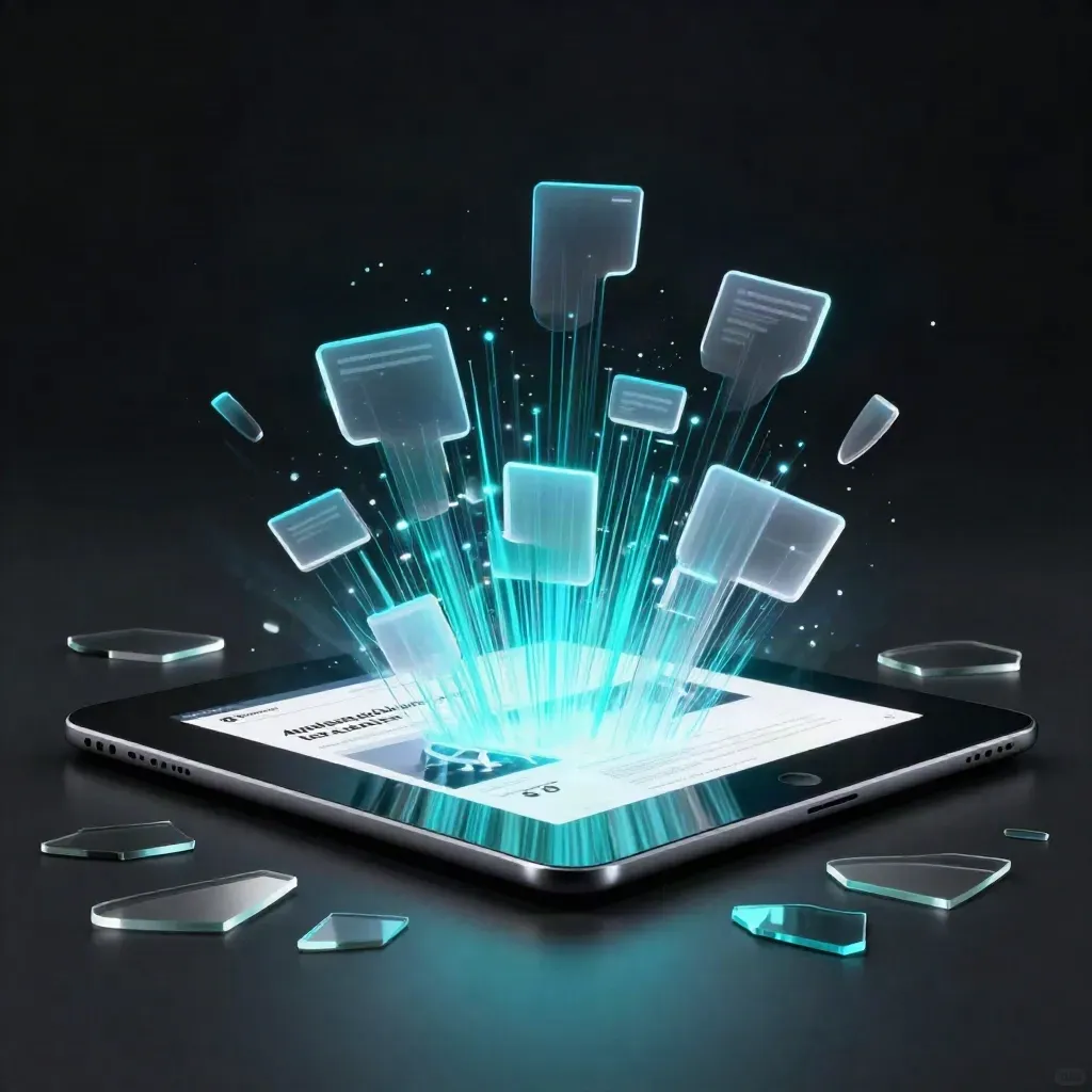 Donkere productshot van tablet met acryl SEO-kaarten en cyan datalijnen in studiomist.