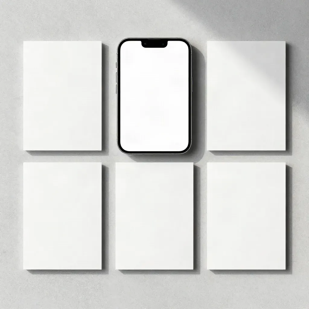 Bovenaanzicht van zes witte contentkaarten, een telefoonframe en een klein gridblok op beton.