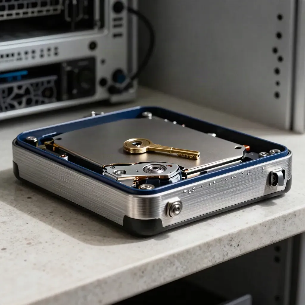 Halfopen metalen onderhoudscase met reserveonderdelen, backupdisk en sleutel in koele setting.