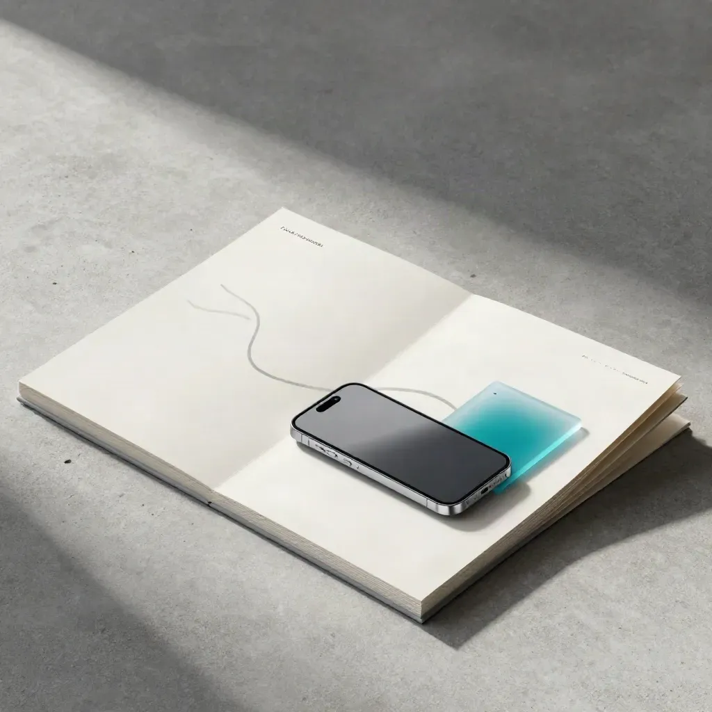 Een websitepagina met telefoon en cyan navigatiekaart op beton
