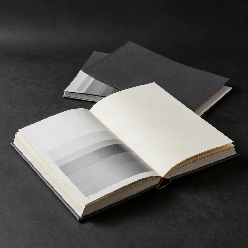 Open merkboek met kleurstalen en proefblokken op matte zwarte ondergrond in dramatisch licht