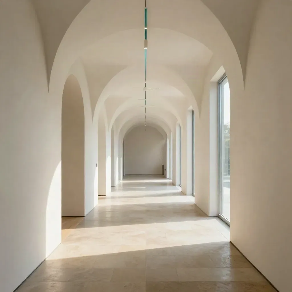 Moderne galerijgang met boog, kalkwitte wanden, lange schaduwen en rustige ruimte voor kopij.